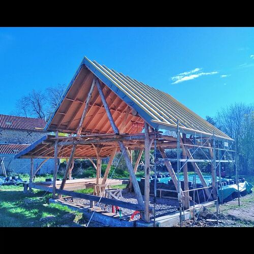 Cyril JALLERATPARZAC - Rondins et bois sciés dans un bel enchevêtrement.Contrastes et couleurs révélées par les rayons printaniers.#cruckframe#charpenteboisrond #charpenteacourbes #fuste #poteauxpoutres #autoconstructiontotale #roundwoodtimberf-2